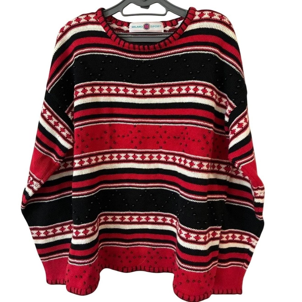 Milano Sport Sweater Womens L Red Black Beaded Knit Indie Vtg Striped